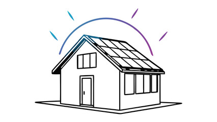 house with solar panels on the roof and a colorful arc above it in black and white