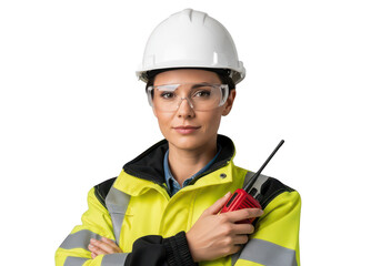 Woman construction worker with radio and safety gear isolated on a transparent background