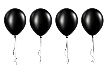 Black balloon set isolated on a transparent background, suitable for event decoration and festive celebrations, featuring four elegant balloons in various positions, ideal for themed gatherings