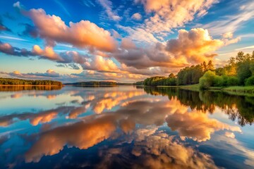 Lake Reflection at Sunset with Dramatic Clouds and Vibrant Colors in Finland