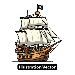 Vector illustration of a historical wooden pirate galleon sailing on an adventurous journey.