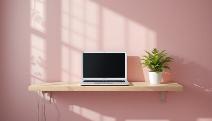 Fototapeta premium Bright Minimalist Workspace with White Laptop and Potted Plant on Light Wood Shelf