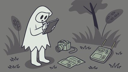 A curious ghost in a hooded cloak studies a tablet surrounded by ghost hunting equipment like a camera radio and map in a spooky forest setting