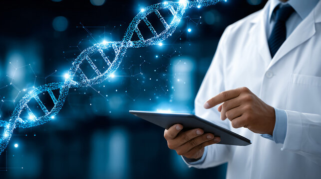 Futuristic Digital Biotechnology Innovation Science Healthcare Genetics DNA Genome Molecular Analysis Medicine Laboratory Scientist Hologram Experiment Digital Education Presentation Information