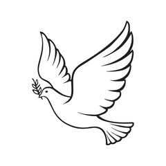 Dove of peace flying with an olive branch. Christian symbol of the Holy Spirit and hope. Black and white line art vector illustration, coloring page.
