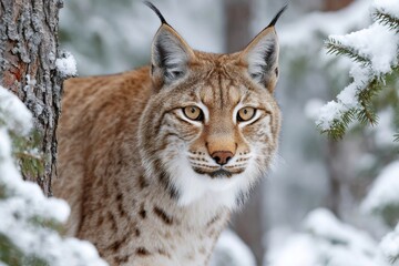 Obraz premium Eurasian lynx staring in snowy forest habitat