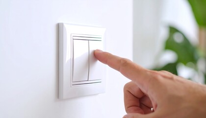 A hand presses a white double light switch mounted on a white wall
