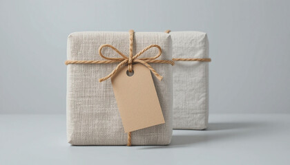 Two Simple Gift Boxes Wrapped in Natural Fabric with Twine and Blank Tag, Eco-Friendly Present