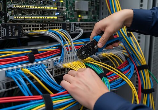 IT technician crimping a network cable on a patch panel in a data center server rack.