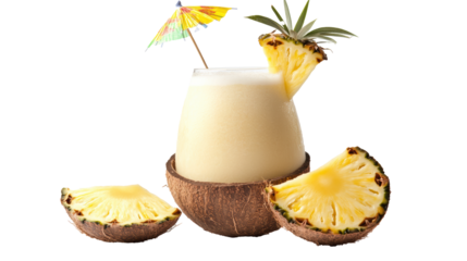 Pina colada tropical drink in coconut shell
