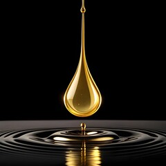 Golden Liquid Drop Suspended Above Rippling Surface with Dark Background and Reflections