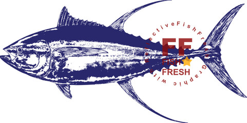 Dynamic blue salmon fish illustration. Bold line art, perfect for fishing apparel, sports logos, seafood restaurant branding. High-quality vector.