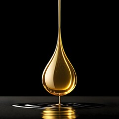 Golden Liquid Drop Suspended Above Surface with Dark Background and Reflective Ripples