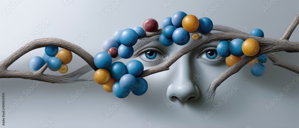 Poster a surreal image featuring a face partially obscured by colorful spheres and organic branches, blendi