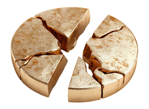 Broken golden coin split into several pieces, isolated on transparent cutout background