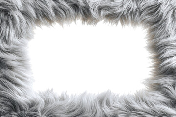 Fluffy gray fur border frame with white copy space in center, isolated on transparent cutout background