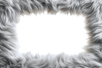 Fluffy gray fur border frame with white copy space in center, isolated on transparent cutout background
