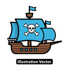 Vector icon of a classic pirate ship with skull and crossbones on blue sails for adventure.