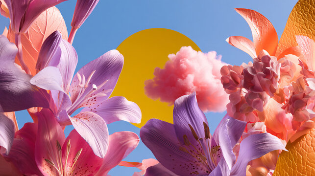 Colorful Floral Display Nature Flowers Spring Summer Blossom Vibrant Clouds Sun Sky Petals Blooming Pink Purple Yellow Abstract Beauty Botanical Sunset Shine Light Rainbow Freshness Arrangement