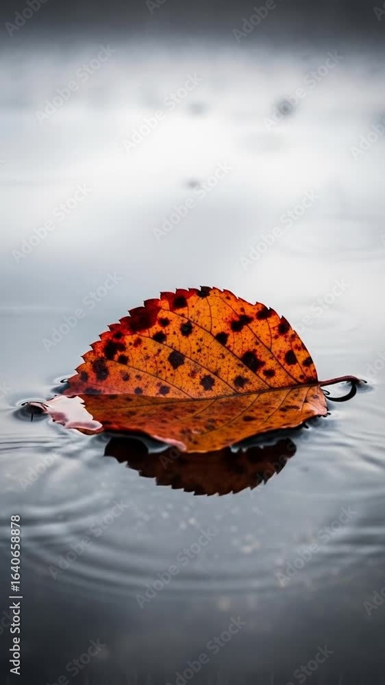 Poster single orange leaf floating in a puddle after rain with circular ripples forming on the water surfac