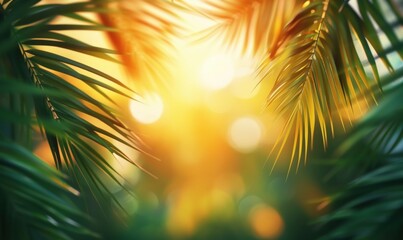 Obraz premium Tropical palm leaves bathed in golden sunlight natural serene background