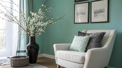 Comfortable Armchair with Decorative Pillows and Floral Arrangement in a Stylish Room