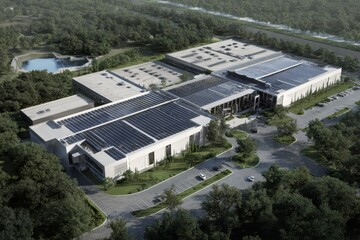 Aerial view of a large scale data center showcasing solar panels and extensive landscaping, set in a suburban location with ample parking and green spaces