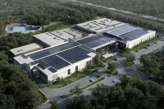 Aerial view of a large scale data center showcasing solar panels and extensive landscaping, set in a suburban location with ample parking and green spaces