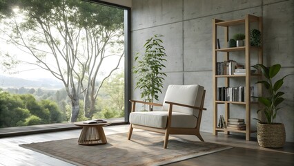 Serene Interior with Modern Armchair, Bookshelf, and Lush Greenery near Window with Landscape View