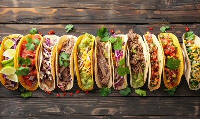 Overhead view of various tacos with meats and toppings on wooden boards