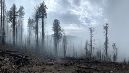 Burnt forest shrouded in smoke and mist
