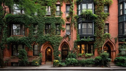 Urban row house facade, covered in ivy