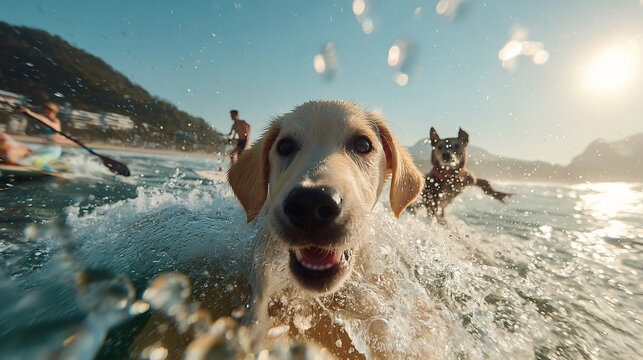 Dog Beach Adventure Water Splash Happy Playful Sunset Pets Outdoors Fun Nature Motion Action Energy Friendship Active Relaxation Sport Swimming 