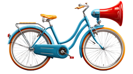 Announcing the Ride: A uniquely styled blue bicycle with a vintage aesthetic is equipped with a prominent megaphone, offering an intriguing visual statement of promotion and announcement.