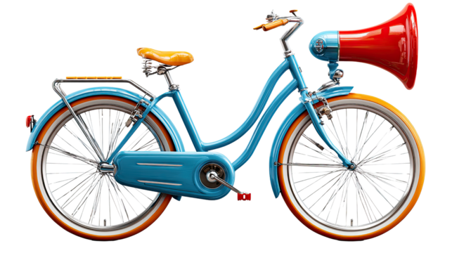 Announcing the Ride: A uniquely styled blue bicycle with a vintage aesthetic is equipped with a prominent megaphone, offering an intriguing visual statement of promotion and announcement.