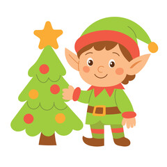 Christmas Elf with Tree. Hand Drawn Vector Art.