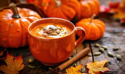 Pumpkin soup in cup with gourds and leaves autumn fall season food