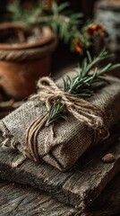 Rustic gift wrapped in burlap
