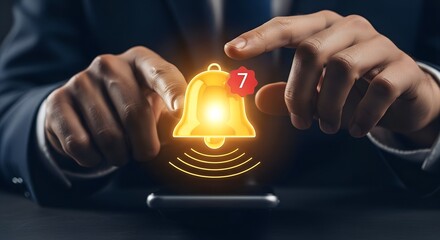 Person s hands interacting with a glowing notification bell icon with a red alert badge on a smartphone screen