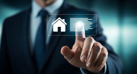 Businessman touching a digital screen displaying a house icon and text for real estate technology and smart homes