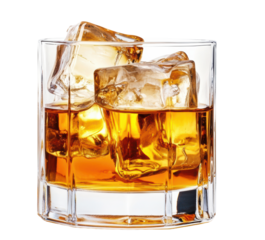 Golden whiskey with large clear ice cubes

