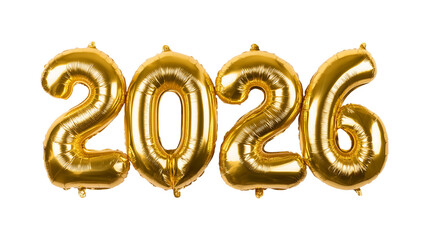 Gold foil balloons in the shape of 2026 for a New Year party celebration
