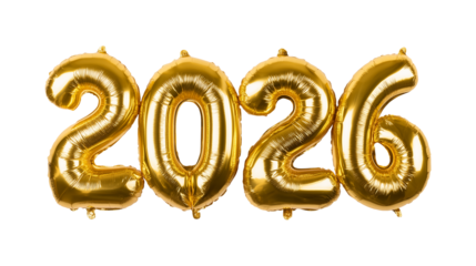 Gold foil balloons in the shape of 2026 for a New Year party celebration