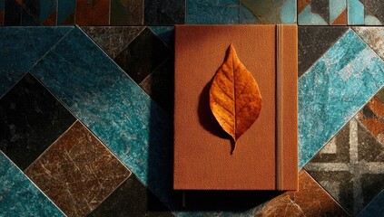 Brown book with autumn leaf on patterned tile