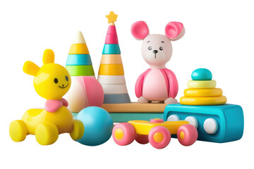 Obraz premium Colorful cutout set featuring classic toddler toys such as a wooden bear, stacking cones, and a playful car set for imaginative learning and playtime fun for children of all ages