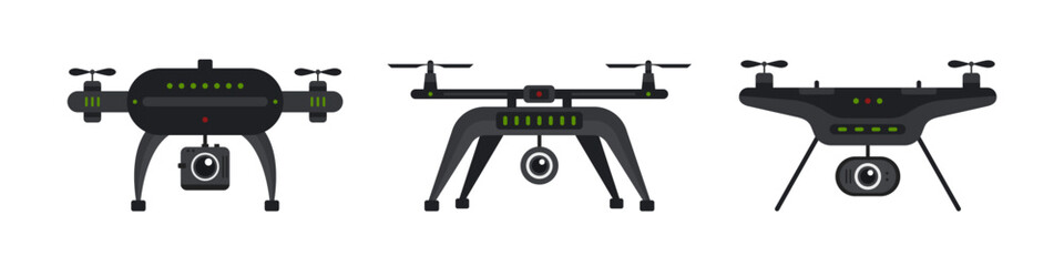Set of drones. Unmanned aerial vehicles. Quadcopters on a white background. Vector
