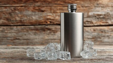 Metal flask with ice on rustic wood