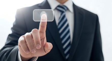 Businessman in a suit pressing a digital fingerprint scanner on a transparent screen interface