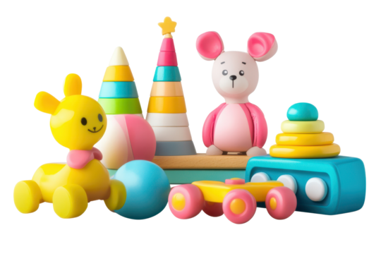 Colorful cutout set featuring classic toddler toys such as a wooden bear, stacking cones, and a playful car set for imaginative learning and playtime fun for children of all ages