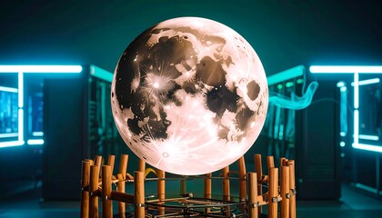 Illuminated lunar sphere on stand, set against a backdrop of glowing server racks